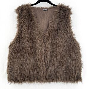 Free Haven Faux Fur Vest Women L Brown Boho Shaggy Open Front Y2K Layering Y2K